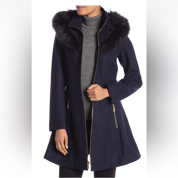 Laundry Shelli Segal Faux Fur Trim Wool Belted Fit Flare Coat Petrol Blue - Picture 1 of 11